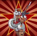  ak-47 akita_stromfield alcohol amber_eyes anthro belt beverage big_breasts big_butt big_nipples black_lips black_nose blue_eyes boots bottle bow braid breasts butt canine clothed clothing communism dog eltonpot feather female fur grey_fur gun hair hammer_and_sickle hat herm heterochromia huge_breasts husky intersex jacket knife legwear lips long_hair looking_at_viewer looking_back mammal nipples panties pose ranged_weapon rifle russian side_boob smile solo soviet standing stockings tattoo thigh_high_boots thigh_highs thighs thong underwear uniform vodka voluptuous weapon white_fur white_hair wide_hips 