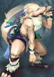  beast belt biceps canine claws clothing collar ear_piercing fantasy forest forrest fur green_eyes hair male mammal muscles piercing pixiv pose scythe shizuru shorts solo standing toe_claws topless tree warrior weapon wolf wood 