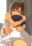  1girl bad_id bad_pixiv_id black_hair bra brown_eyes brown_hair futami_mami hair_ornament highres hug idolmaster idolmaster_(classic) nishimuku_meri producer_(idolmaster) short_hair side_ponytail tears underwear 