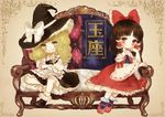  apron ascot blonde_hair blush bow braid brown_eyes brown_hair chair detached_sleeves hair_bow hair_tubes hakurei_reimu hat hat_bow kirisame_marisa long_hair multiple_girls puffy_sleeves short_hair side_braid single_braid sitting skirt smile touhou white_bow wide_sleeves witch_hat yellow_eyes yujup 