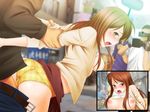  1girl arm_grab ass blush breasts brown_hair camera clothed_sex ero-shiki_kanjo_sentouki filming long_hair looking_back nipples open_mouth panties public rape sex shirt_lift skirt sweatdrop tears underwear upskirt yellow_panties 