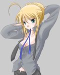  adjusting_hair ahoge artoria_pendragon_(all) blonde_hair breasts cleavage fate/zero fate_(series) formal green_eyes jack_(slaintheva) medium_breasts mouth_hold navel necktie pant_suit ribbon saber solo suit unbuttoned untied 