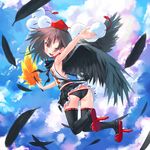  ;d alternate_costume ass black_legwear black_panties black_wings blush brown_hair camera fan feathered_wings feathers flying geta hat hauchiwa holding looking_at_viewer looking_back miniskirt one_eye_closed open_mouth outstretched_arm panties patricia_(stylish_marunage) red_eyes shameimaru_aya short_hair skirt sky smile solo thighhighs tokin_hat touhou underwear wings 