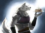  anthro aotsuki091 armor belt biceps blue_eyes cake canine cherry clothing food fur looking_at_viewer male mammal muscles pecs pixiv plate pose sky sky_(artist) solo standing unknown_artist wolf 