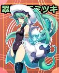  1girl black_legwear detached_sleeves green_eyes green_hair hat kazutani_ninshi long_hair mitsuki_(shinrabanshou) navel open_mouth shinrabanshou solo star tentacle tentacle_hair thighhighs wadani_hitonori water wide_hips 