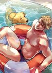  akou bad_id bad_pixiv_id black_briefs blonde_hair blue_eyes briefs dog innertube john_(tiger_&amp;_bunny) keith_goodman male_focus tiger_&amp;_bunny underwear water 