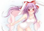  :&lt; animal_ears bad_id bad_pixiv_id bare_shoulders blush bow breasts bunny_ears chimunge cleavage colorized hair_bow highres holding lavender_hair leaning_forward long_hair looking_at_viewer medium_breasts navel one-piece_swimsuit peko pink_towel ponytail purple_hair red_eyes reisen_udongein_inaba ribbon school_swimsuit solo swimsuit touhou towel very_long_hair white_school_swimsuit white_swimsuit 