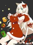  animal_ears breasts cat_ears cat_tail gift green_eyes long_hair looking_at_viewer mami_(apsaras) medium_breasts multiple_tails ribbon santa_costume simple_background solo tail youjo_taisen 