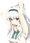  absurdres adjusting_hair armpits bare_shoulders breasts hairband highres idolmaster idolmaster_(classic) long_hair medium_breasts meno~n mouth_hold red_eyes shijou_takane silver_hair solo white_background 