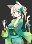  animal_ears blush cat_ears cat_tail flower green_eyes hair_flower hair_ornament japanese_clothes kimono looking_at_viewer mami_(apsaras) multiple_tails rose simple_background smile solo tail youjo_taisen 