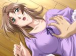  1girl blush breast_grab brown_hair dress game_cg grabbing male_hand purple_dress sagara_family sagara_maria zyx 