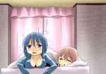  bad_id bad_pixiv_id bed bed_sheet blue_eyes blue_hair breasts cleavage curtains hair_down kaname_madoka large_breasts mahou_shoujo_madoka_magica miki_sayaka multiple_girls pajamas pink_hair saliva sicile_gloria sleeping unbuttoned waking_up 