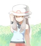  blue_(pokemon) brown_eyes brown_hair drawr hat holding long_hair mimizubare plant pokemon pokemon_(game) pokemon_frlg porkpie_hat solo sweatdrop 