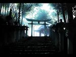  hinohoshi_ataru letterboxed no_humans original scenery shrine stairs still_life stone_lantern sunlight torii tree 