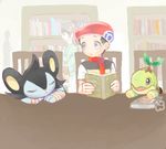  beret black_hair closed_eyes drawr gen_4_pokemon hat kouki_(pokemon) leaf library luxio mimizubare open_mouth pokemon pokemon_(creature) pokemon_(game) pokemon_dppt reading red_scarf scarf sitting sleeping table turtwig 