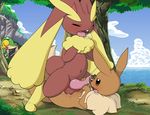  anal anal_penetration anus balls brown_fur butt clouds cum cum_inside digitigrade eevee erection eyes_closed gay hindpaw lopunny lying male nude on_back open_mouth orgasm outside paws penetration penis pok&eacute;mon red_eyes sex size_difference snivy spread_legs spreading tricksta 