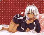  aki_(prdx85) bad_id bad_pixiv_id bed breasts cleavage dark_elf dark_skin elf heart large_breasts light_smile long_hair lying on_side pillow pointy_ears ribbed_sweater sansei_muramasa solo soukou_akki_muramasa sweater white_hair yellow_eyes 