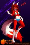  abstract_background anthro big_tail bikini black_nose canine clothed clothing feic female fox fur hair long_hair long_legs looking_at_viewer mammal markings on_one_leg pose red_body red_fur red_hair shorts skimpy socks_(marking) solo swimsuit tofu93 touching_hair yellow_eyes 