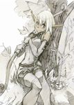  bare_shoulders bow_(weapon) covered_navel cra elbow_gloves evangelyne gloves looking_at_viewer plant pointy_ears shorts sitting smile solo thighhighs tree wakfu weapon white_hair xavier_houssin 