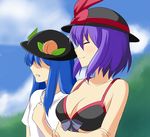 be_(o-hoho) bikini blue_hair bow breasts cleavage clenched_hands closed_eyes cloud collarbone crossed_arms day food fruit hat hat_bow hinanawi_tenshi leaf long_hair medium_breasts multiple_girls nagae_iku peach purple_hair shirt short_hair sky smile swimsuit touhou 