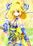  alternate_costume bad_anatomy bad_id bad_pixiv_id bare_shoulders blonde_hair blush breasts bridal_gauntlets cleavage cure_peace detached_sleeves dress flower garters hair_flaps hair_flower hair_ornament kise_yayoi long_hair magical_girl medium_breasts multicolored multicolored_clothes multicolored_dress ponytail precure smile smile_precure! solo sword thighhighs weapon yellow_eyes yuiyuimoe 