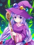  braid hat holding holding_wand long_hair monster_maker purple_eyes purple_hair rufia_(monster_maker) solo staff twin_braids wand witch witch_hat yanagi_akane_(yousei_kinoko) 