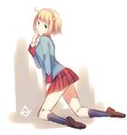  blonde_hair blue_eyes bob_cut cosette_coalhearth from_behind hairband kneeling plaid plaid_skirt school_uniform senjou_no_valkyria senjou_no_valkyria_2 short_hair sketch skirt socks solo weee_(raemz) 