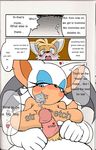  anthro bat big_breasts blue_eyes blush breasts canine cleavage clothed clothing comic condom dialog dialogue english_text erection female fox hair huge_breasts male mammal michiyoshi miles_prower nude orange_hair penis rouge_the_bat sega smile sonic_(series) text wearing_condom white_hair wings 