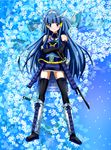  alternate_costume aoki_reika armor bad_id bad_pixiv_id bare_shoulders black_legwear blue_eyes blue_hair boots bug butterfly crossed_arms cure_beauty detached_sleeves floral_background hair_tubes head_wings highres insect japanese_armor knee_boots kusazuri long_hair magical_girl petals precure sandals smile smile_precure! solo standing suneate sword thighhighs weapon yuiyuimoe 