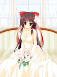  bare_shoulders blush bow breasts bridal_veil bride brown_hair chair cleavage dress elbow_gloves flower gloves hair_tubes hakurei_reimu kom_(1323736) large_breasts looking_at_viewer md5_mismatch red_eyes sitting smile solo touhou veil wedding_dress window 