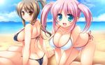  2girls all_fours ass beach bikini blue_eyes blush breasts brown_eyes brown_hair butt_crack cleavage fang large_breasts leaning_forward light_smile long_hair looking_back miu_(c_blue) multiple_girls ocean open_mouth original pink_hair ponytail short_twintails side-tie_bikini sitting smile swimsuit swimsuits twintails wariza water 
