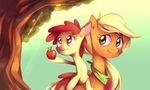  apple apple_bloom_(mlp) applejack_(mlp) blonde_hair cub duo equine female feral friendship_is_magic fruit fur green_eyes hair horse karzahnii mammal my_little_pony orange_fur outside pony red_hair scarf sibling siblings sky smile tree wood yellow_fur young 