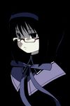  akemi_homura black_background glasses hairband long_hair magical_girl mahou_shoujo_madoka_magica monochrome purple_eyes solo tasaka_shinnosuke 