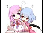  :&lt; bat_wings blue_hair blush book check_translation crescent crescent_hair_ornament fang hair_ornament hands_on_shoulders long_hair multiple_girls no_hat no_headwear open_book open_mouth patchouli_knowledge pillarboxed purple_eyes purple_hair red_eyes remilia_scarlet shamo_(koumakantv) simple_background touhou translation_request white_background wings 