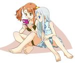  anjou_naruko ano_hi_mita_hana_no_namae_wo_bokutachi_wa_mada_shiranai. barefoot blue_eyes bra brown_eyes brown_hair dress feet game_boy game_boy_advance_sp hand_on_own_knee handheld_game_console honma_meiko indian_style long_hair multiple_girls no_panties open_mouth panties rori_chuushin silver_hair sitting smile soles striped striped_bra striped_panties twintails underwear video_game 