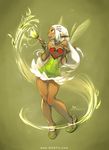  :d artist_name bare_shoulders braid choker cuffs dark_skin eniripsa green_eyes hair_ornament knees_together_feet_apart long_hair open_mouth paintbrush pointy_ears smile solo standing wakfu watermark web_address white_hair xavier_houssin 