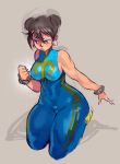  absurdres alternate_costume bracelet brown_hair capcom chun-li double_bun earrings eyeshadow highres jewelry makeup muscle muscular_female norasuko seiza simple_background sitting spiked_bracelet spikes street_fighter thick_thighs thighs unitard 