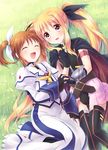  2girls absurdres armor belt blonde_hair blush brown_hair buckle cape dress eyes_closed fate_testarossa fingerless_gloves gloves hair_ribbon hand_holding highres long_hair lyrical_nanoha mahou_shoujo_lyrical_nanoha mahou_shoujo_lyrical_nanoha_a&#039;s mahou_shoujo_lyrical_nanoha_a's mahou_shoujo_lyrical_nanoha_the_movie_2nd_a&#039;s mahou_shoujo_lyrical_nanoha_the_movie_2nd_a's multiple_girls oimo open_mouth red_eyes ribbon short_twintails skirt takamachi_nanoha thighhighs twintails 