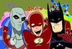  3boys batman bruce_wayne dc_comics dcau green_skin j&#039;onn_j&#039;onzz j'onn_j'onzz justice_league lightning_bolt male male_focus martian_manhunter mask multiple_boys smile the_flash wally_west 