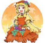  aki_minoriko apple apron arm_ribbon autumn_leaves blonde_hair blush brown_dress dress fang food fruit grapes hat juliet_sleeves kuroneko_(kuroi-neko) long_sleeves looking_at_viewer open_mouth puffy_sleeves red_eyes ribbon shirt short_hair skirt_basket smile solo suspenders sweet_potato touhou wide_sleeves 