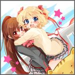  blonde_hair blue_eyes bow brown_hair cat doruji hug kamikita_komari little_busters! long_hair lowres multiple_girls natsu_(norari_kurari) natsume_rin pink_bow ponytail red_eyes school_uniform short_hair 