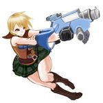  ashley_graham blonde_hair boots brown_eyes gun kinpatuyoujo orange_shirt plaid plaid_skirt resident_evil resident_evil_4 shirt short_hair skirt solo weapon 