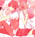  1girl back-to-back bad_id bad_pixiv_id balloon brother_and_sister digital_media_player headphones heart ipod kagerou_project kisaragi_attention_(vocaloid) kisaragi_momo kisaragi_shintarou long_hair monochrome short_hair siblings side_ponytail sitting thighhighs vocaloid yuzudaze 