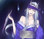  bare_shoulders blood blood_on_face bloody_knife breasts bubuzuke cleavage collarbone highres holding holding_knife horns japanese_clothes kimono knife large_breasts lips long_hair shikigami_no_shiro silver_hair solo tongue yellow_eyes zasae 