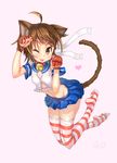  1girl :p animal_ears bad_id ball brown_hair capcom cat_ears cat_tail gd._fengzi highres kasugano_sakura short_hair skirt solo street_fighter striped_legwear tail thighhighs wink 