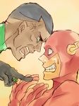  2boys black_hair bodysuit dark_skin dc_comics dcau flash_(series) gloves green_eyes green_lantern green_lantern_(series) jewelry john_stewart justice_league male male_focus mask multiple_boys pixiv_thumbnail resized ring superhero suzuagi the_flash wally_west 