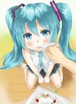  bad_id bad_pixiv_id barefoot blue_eyes blue_hair blush food food_on_face fork from_above hair_ornament hatsune_miku heirou holding long_hair necktie out_of_frame pov pov_hands shirt sitting skirt sleeveless sleeveless_shirt solo_focus tissue twintails very_long_hair vocaloid wariza wiping 