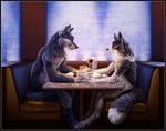  alcohol anthro beverage biceps blue_eyes blue_fur candle candles canine claws couple cute drink duo ear_piercing fangs female fluffy fox fur gay grey_fur hand_holding love male mammal muscles nude piercing pose restaurant ring romantic sabretoothed_ermine scar sitting table toe_claws white_fur wine wolf yellow_eyes 
