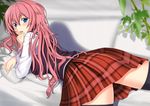  alternate_costume alternate_hairstyle bad_id bad_pixiv_id blue_eyes derivative_work highres lemoo long_hair looking_at_viewer looking_back lying megurine_luka on_stomach pink_hair plaid plaid_skirt skirt solo thighhighs vocaloid zettai_ryouiki 