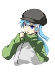  :p androgynous bad_id bad_pixiv_id blue_eyes blue_hair copyright_request flat_cap hat highres ikuhana_niiro jacket long_sleeves looking_at_viewer simple_background solo tongue tongue_out track_jacket turtleneck upper_body white_background zipper 